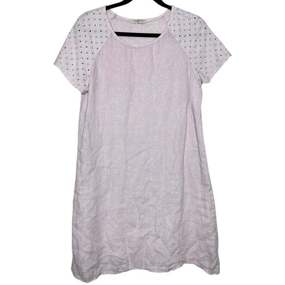Marina Gigli Linen Shift Dress Eyelet Lace Short Sleeves Lilac Pink Size Medium - Picture 1 of 7